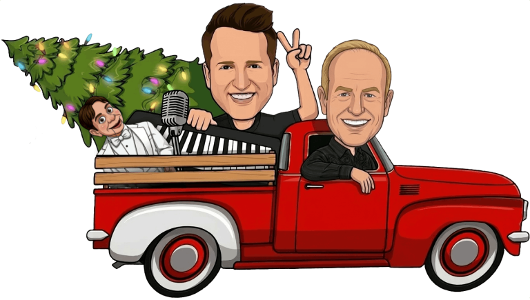 Dan Macaulay and Dave Pendleton in Car with Christmas Tree for Laughing All The Way with puppet